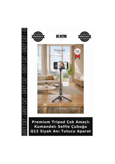 Premium Tripod Çok Amaçlı Kumandalı Selfie Çubuğu Q12 Siyah Anı Tutucu Aparat