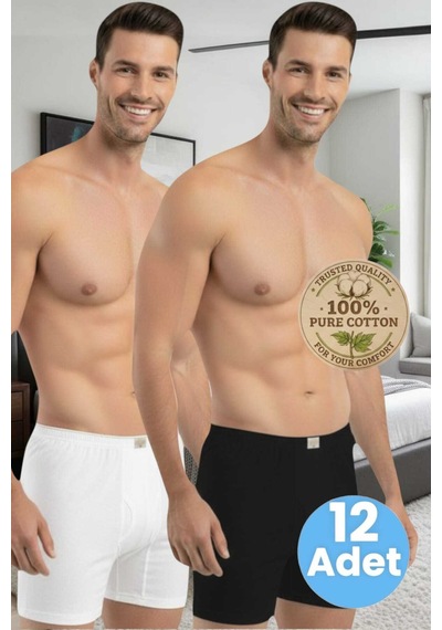 Tezzgelsin Erkek %100 Pamuklu 12'li Süprem Kumaş Penye Boxer Siyah - Beyaz