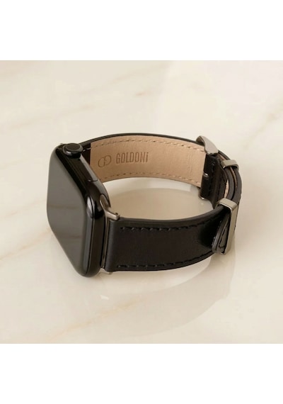 Apple Watch Uyumlu İnce Siyah Deri Kordon Metal Köprülü
