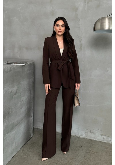 Meecy Kadın İkili Kuşaklı Blazer Ceket Ve Pantolon Takım Kahverengi Kahverengi