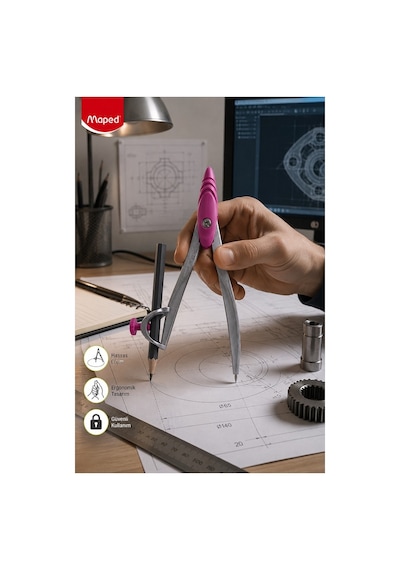 Pembe Metal Pergel Kurşun Kalemli 1 Adet Maped Study 119410 Pergel Matematik Geometri Mimari Proje Teknik Çizim