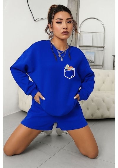 Benroma 3 İplik Penye Papatya Baskılı Unisex Sweatshırt Saks Mavisi
