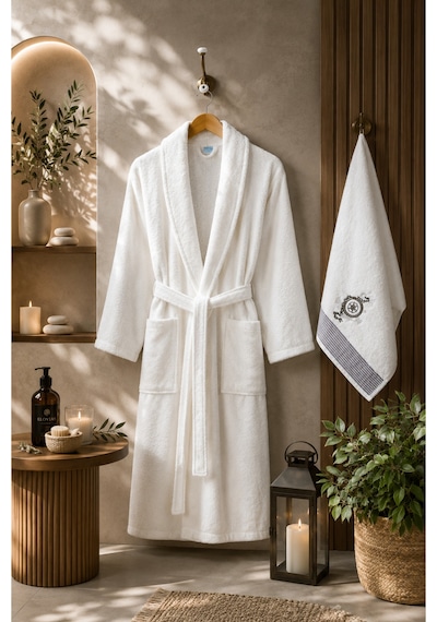 Havlulu Bornoz 2'li Set Bornoz + 50 X 85 Cm Baş Havlusu, Pamuklu, Cepli, Spa Ve Otel Konforu Krem