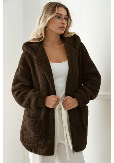 Aclassics Peluş Kuzu Kıvırcık Torba Cepli Kolej Mont Siyah Ks2526 Kahverengi