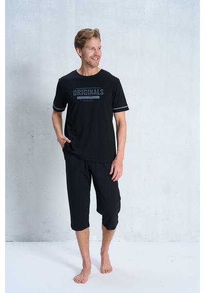 Over Sleep By Poleren Erkek Pijama Takımı Kapri & Bermuda Kısa Kol Siyah