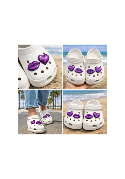 Temungur Mor Simli Kalp & Dudak Jibbitz Charm 4 Lü Set Terlik Süsü, Parlak Glitter Terlik Aksesuarı Çok Renkli
