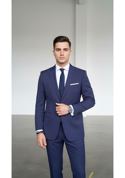 Erkek Lacivert Tek Düğme Slim Fit Takım Elbise - Şık Ofis Ve Davet Kombini Lacivert