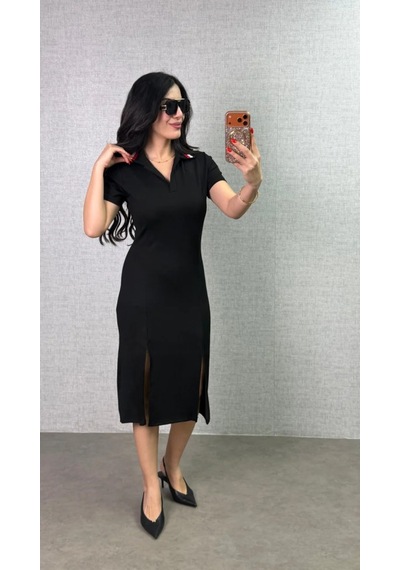 Veraura Lifestyle Kadın Polo Yaka Çift Yırtmaç Detay Modal Kumaş Midi Boy Elbise Siyah