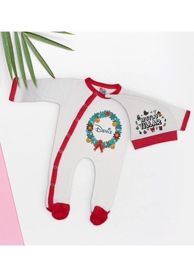 Bk Kids Bk Gift Kişiye Özel Yılbaşı Temalı Tulum Zıbın Ve Kukuletalı Şapka Seti-8 Çok Renkli