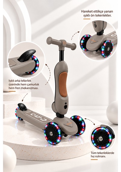 Casual C-pro 2'si 1 Arada Katlanabilir Çocuk Scooterı Kahverengi