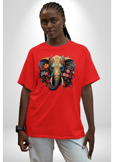Bereket Fil Hintli Tasarım Pamuklu Bisiklet Yaka Unisex Oversize Boyfriend Dijital Baskılı Kırmızı T-shirt Kırmızı