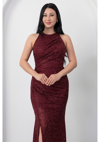 Kalopya Halter Yaka Yırtmaçlı Boncuklu Elbise 41099 Bordo