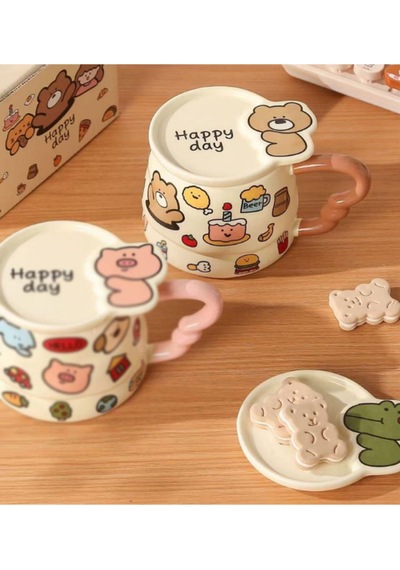 Happy Day Hayvan Temalı Seramik Kupa Kahverengi
