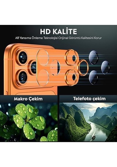 İphone Uyumlu Full Kamera Lens Koruyucu Darbe Dayanıklı Temperli Cam Tam Koruyucu Kamera Lens Cam Film Çizilme Önleyici Turuncu, İphone 17 Pro