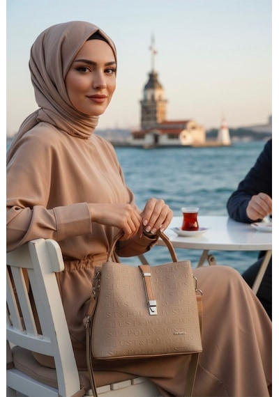 Just Polo Kadın Orijinal Just Polo 3 Bölmeli Ayarlanabilir Askılı Şık El & Omuz Çantası Shoulder Bag Vizon