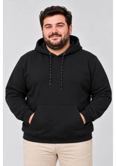 Butik İstanbul Erkek Battal Büyük Beden Üç İplik İçi Şardonlu Kapüşonlu Kanguru Cepli Kışlık Sweatshirt - Siyah
