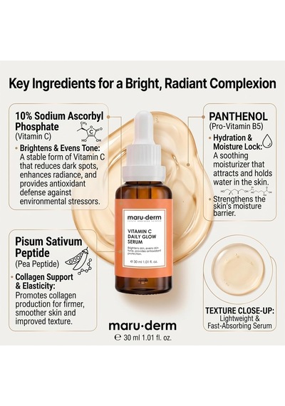 Maruderm C Vitamini Ve Peptit Aydınlatıcı Cilt Bakım Serumu Canlılık Ve Ton Eşitliği Görünümü Destekleyici Yüz Serumu,%10 Sodyum Askorbil Fosfat İle, 30 Ml