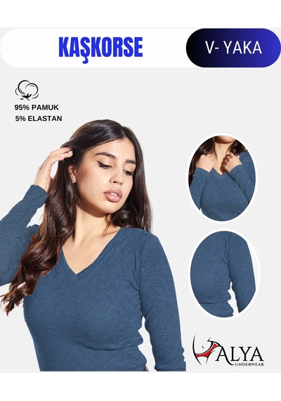 Alya Underwear Pamuklu Kaşkorse V Yaka Body Sweatshirt, Fitilli Kumaş Likralı Bluz, Asker Yeşili Badi İndigo Melanj