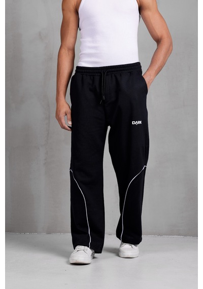 Dark Moda Erkek Oval Şeritli Baskılı Yazlık Baggy Eşofman Siyah