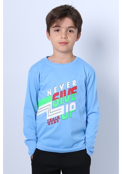 Hçm Erkek Çocuk Uzun Kollu Tshirt Never Give Up Baskılı Bisiklet Yaka D10 Mavi