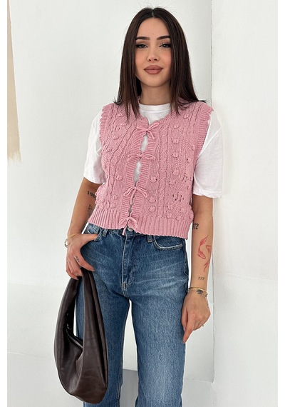 Noa & Noa Kadın Ponponlu Bağlamalı Triko Süveter Dokulu & Romantik Stil Pembe