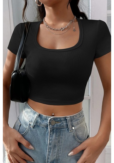 Angbutik Kadın Siyah Yarım Kol Düz Yaka Crop Top Bluz