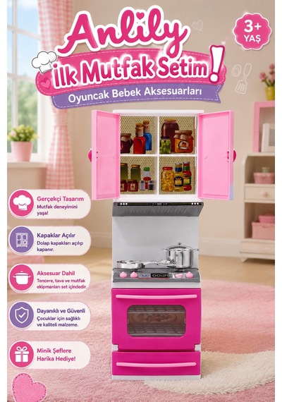 Anlily İlk Mutfak Setim - Açılır Kapaklı Mutfak Dolabı, Ocak, Fırın Oyuncak Seti Pembe