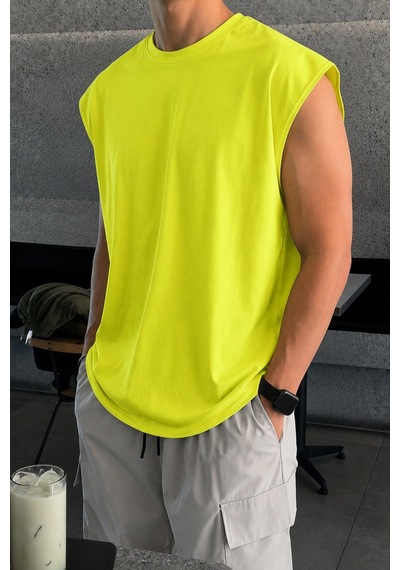 Tarz Cool Erkek Oversize Kolsuz Tişört %100 Pamuk Süprem Basic Bisiklet Yaka Fıstık Yeşili