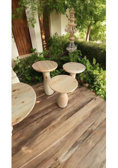 Ahşap Yan Sehpa 3lü Set Naturel Renk Mantar Sehpa Takımı - Zigon Sehpa - Çiçeklik Naturel