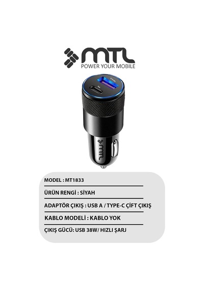 Araç Şarj Aleti Çakmaklık 38w Type-c + Usb Çift Portlu - Qualcomm Qc 4.0 Desteği Mt-a1833 Siyah İle Uyumlu