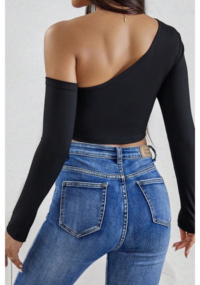 Moda Dua Kadın Siyah Tek Omuz Detaylı Uzun Kol Crop Top Bluz
