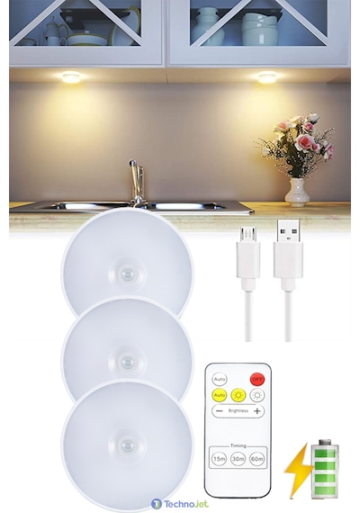Technojet 3 Adet Akıllı Hareket Sensörlü Uzaktan Kumandalı USB Şarjlı Kablosuz Spot Led Gece Lambası