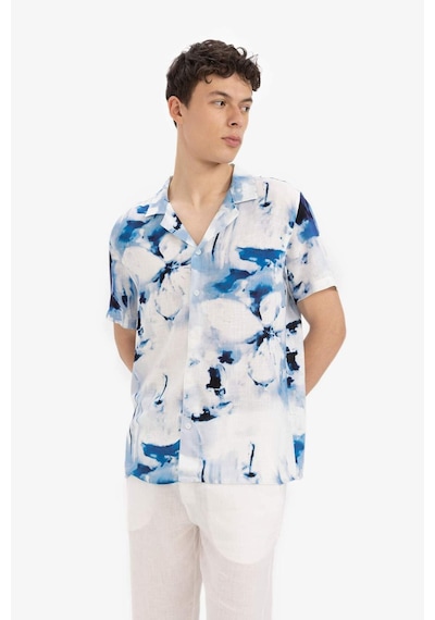 DeFacto Modern Fit Polo Yaka Desenli Keten Görünümlü Yazlık Kısa Kollu Gömlek E1206AX25SMIN147