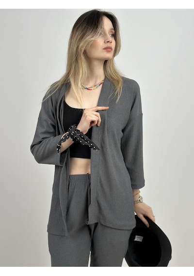 Kadın Pantolonlu Alt Üst İkili Kimono Takım Rahat Kalıp 001