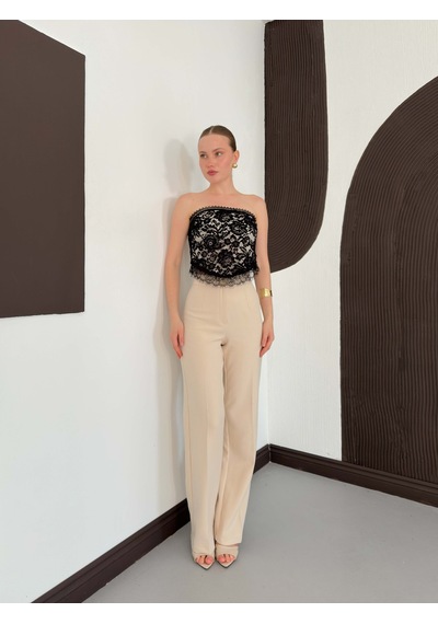 Verymoda Kadın Dantelli Straplez Büstiyer Taş Detaylı Astarlı Şık Bluz D3089 Siyah