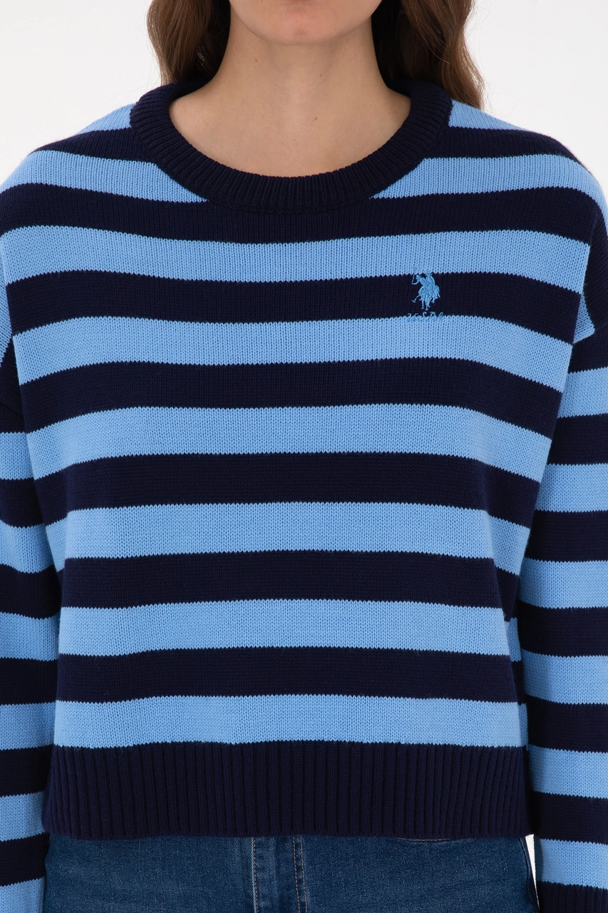 U.S. Polo Assn. Kadın Lacivert Çizgili Bisiklet Yaka Kazak 50314653-VR033