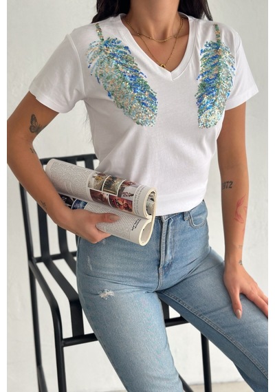 Femelle Kadın Beyaz V Yaka Omzu Yaprak Pul Payet İşlemeli %100 Pamuk T-shirt - Fem8