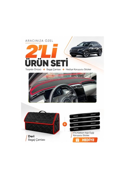 E-biz Hyundai Tucson 2021-2024 Uyumlu Torpido Örtüsü + Deri Bagaj Çantası - Siyah-kırmızı - Hu037