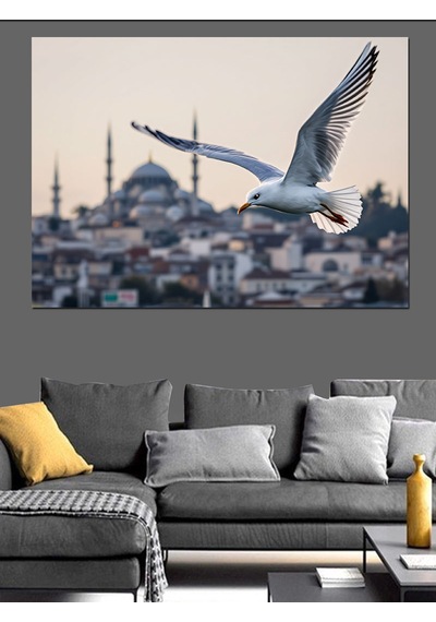 Uçan Martı Ve İstanbul Silueti Dekoratif Kanvas - Mdf Ahşap Tablo