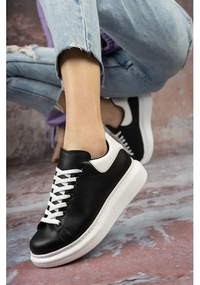 Erceka Günlük Sneaker Kadın Spor Ayakkabı Bağcıklı Beyaz-siyah-mavi-gümüş-gold-sarı Beyaz - Siyah