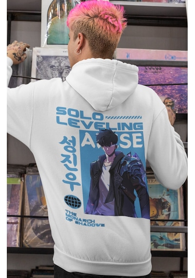 Sevbano Solo Leveling Sung Jinwoo Arise Anime Sırt Baskılı Unisex Oversiz beyaz