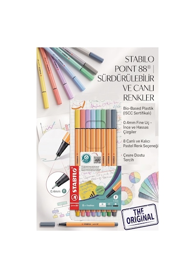 8 Renk Fineliner Kalem 1 Paket Stabilo Point 88 8 Li Pastel Renkler İnce Keçe Uçlu Kalem 0.4mm Su Bazlı Mürekkep