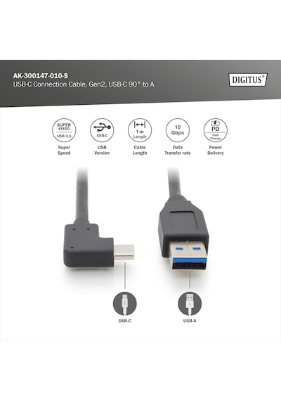 Ak-300147-010-s Usb 3.1 Bağlantı Kablosu, C 90ø, A Ya Dirseklenmiş M/m, 1,0m, Tam Donanımlı, Ge Standart