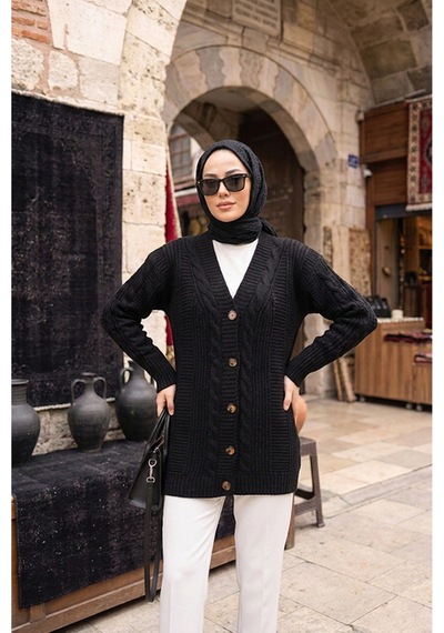 Sayzen Your Shine Trend Saç Örgülü Düğmeli Tunik Hırka Siyah