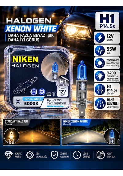 H1 Xenon White Halojen Far Ampulü 5000k %200 Parlaklık 12v 55w