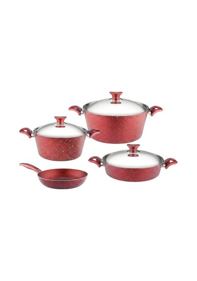 7 Parça Granit Set Çelik Kapak - Kırmızı Kırmızı