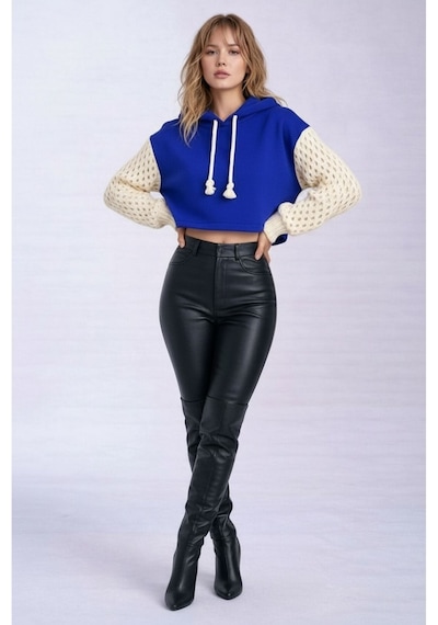 Mamayaga Kadın Kolları Triko File Örgü Şık Tasarım Crop Boy Kapüşonlu Sweatshirt Design Kazak Mavi