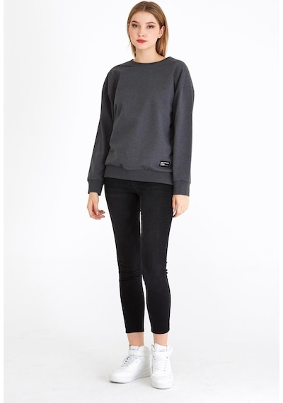 MMetalic Kadın Antrasit Renk Basic Bisiklet Yaka Sweatshirt