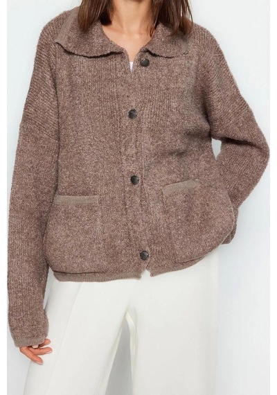 Ersefa Kadın Modern Tarz Oversize Polo Yaka Regular Triko Hırka VIZON