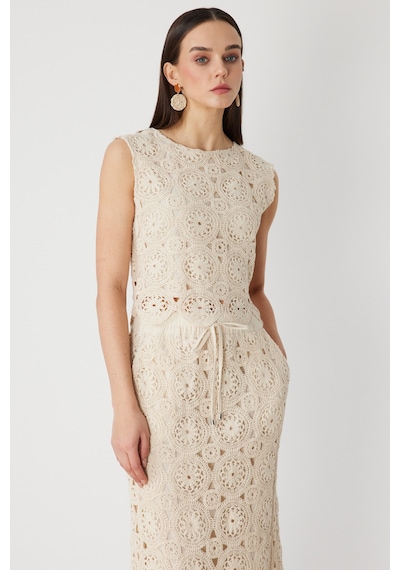On Kadın Dantel Desenli Crop Bluz 76371 Krem
